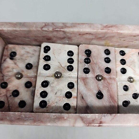 vintage Carved Pink Marble Stone Domino Set 28 Pcs w/ Box - Picture 2 of 4